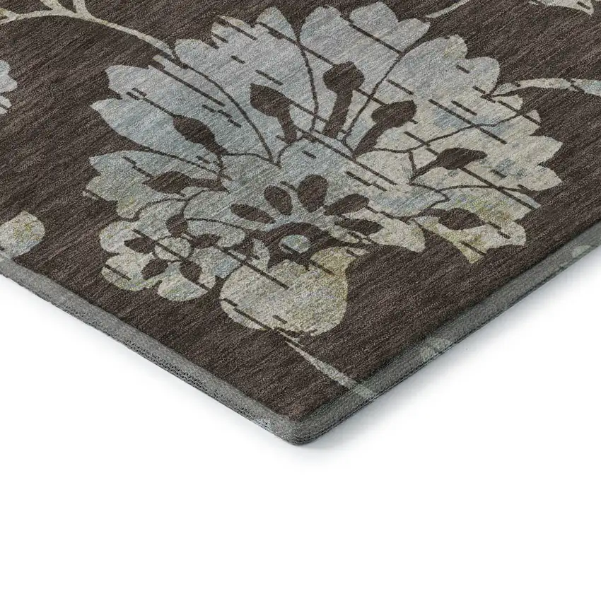 8' Chocolate Gray And Beige Floral Washable Round Rug With UV Protection Photo 7