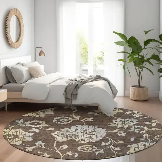 8' Chocolate Gray And Beige Floral Washable Round Rug With UV Protection Photo 5