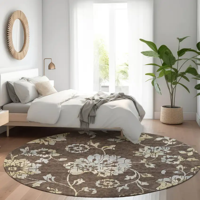 8' Chocolate Gray And Beige Floral Washable Round Rug With UV Protection Photo 5