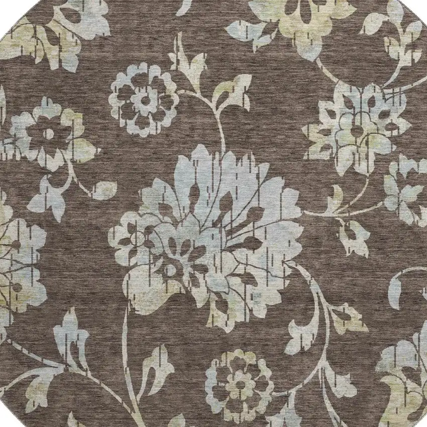8' Chocolate Gray And Beige Floral Washable Round Rug With UV Protection Photo 3