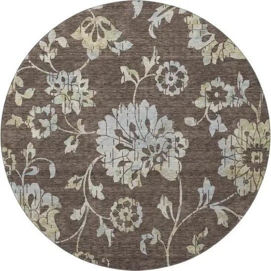 8' Chocolate Gray And Beige Floral Washable Round Rug With UV Protection Photo 4