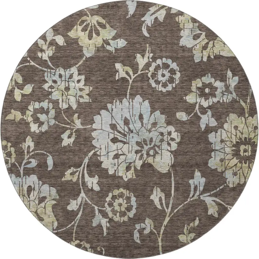 8' Chocolate Gray And Beige Floral Washable Round Rug With UV Protection Photo 4