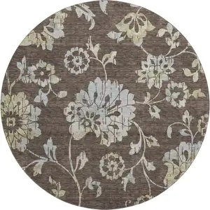 Photo of 8' Chocolate Gray And Beige Floral Washable Round Rug With UV Protection