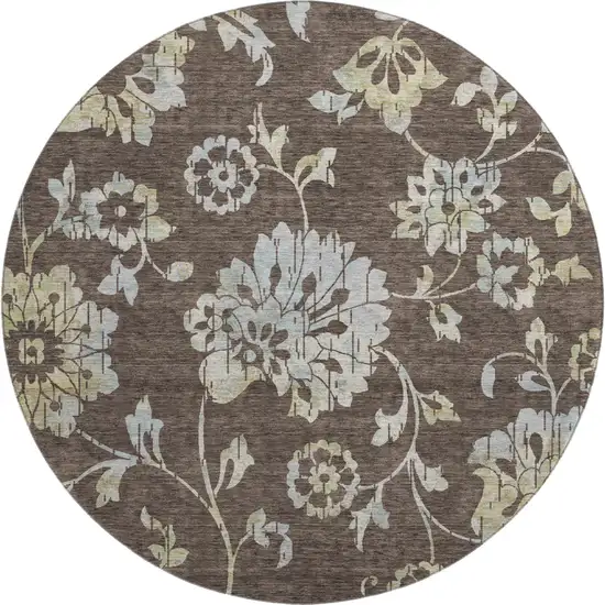 8' Chocolate Gray And Beige Floral Washable Round Rug With UV Protection Photo 1