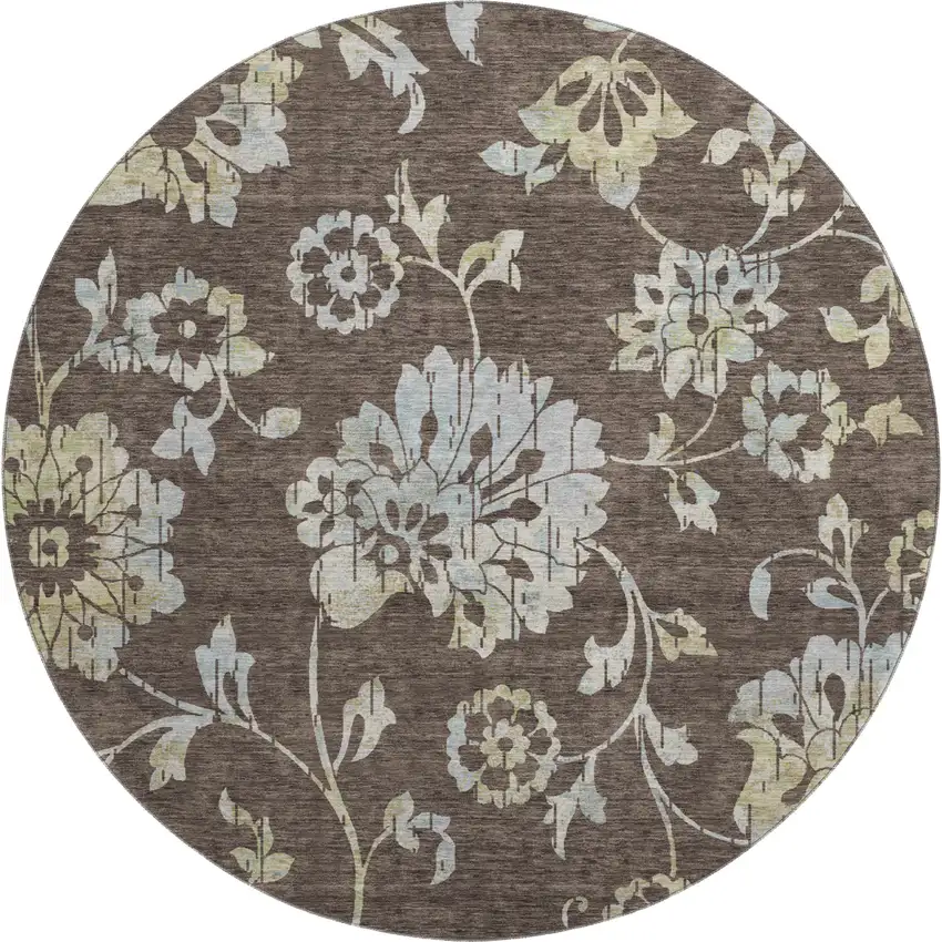 8' Chocolate Gray And Beige Floral Washable Round Rug With UV Protection Photo 1