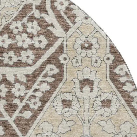 8' Chocolate Gray And Beige Floral Washable Round Rug With UV Protection Photo 4