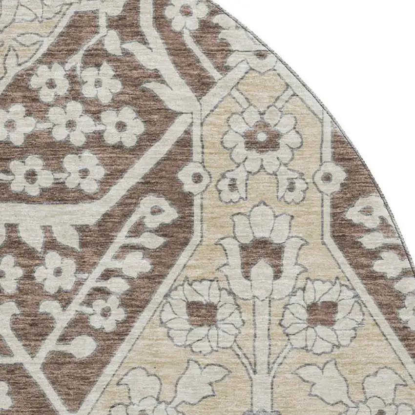 8' Chocolate Gray And Beige Floral Washable Round Rug With UV Protection Photo 4