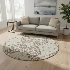 Photo of 8' Chocolate Gray And Beige Floral Washable Round Rug With UV Protection