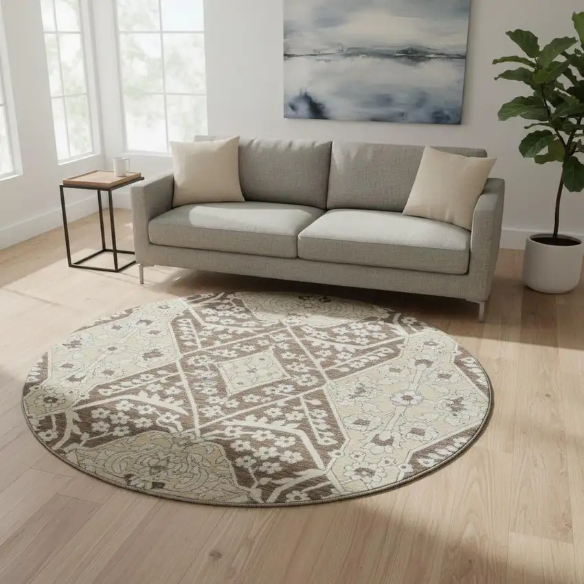 8' Chocolate Gray And Beige Floral Washable Round Rug With UV Protection Photo 1