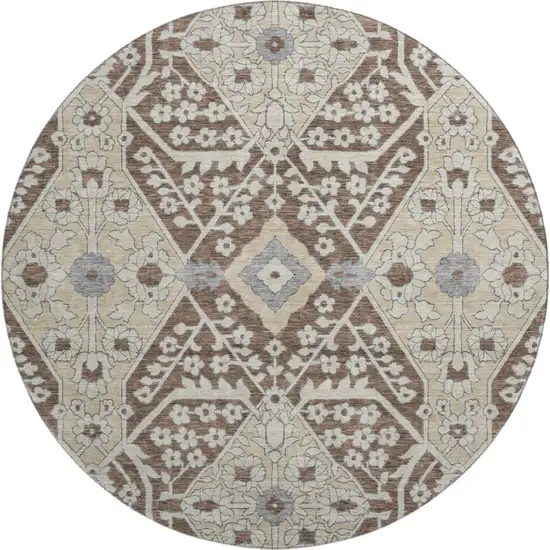 8' Chocolate Gray And Beige Floral Washable Round Rug With UV Protection Photo 2