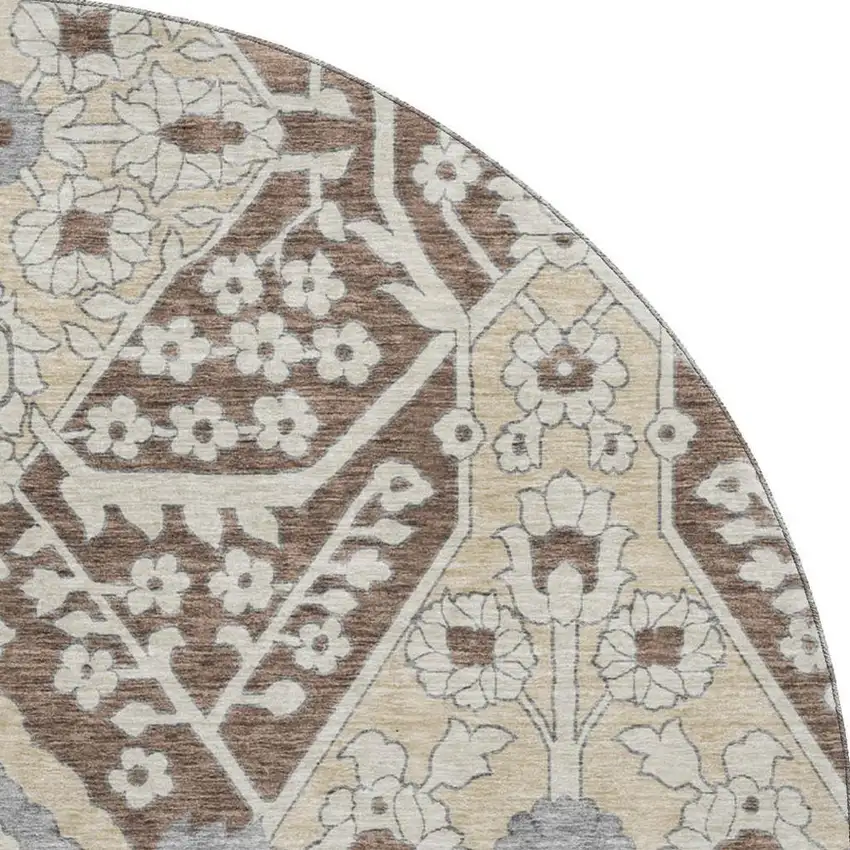 8' Chocolate Gray And Beige Floral Washable Round Rug With UV Protection Photo 5