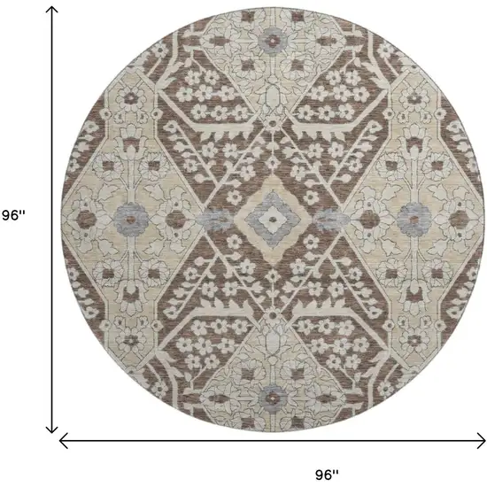 8' Chocolate Gray And Beige Floral Washable Round Rug With UV Protection Photo 3