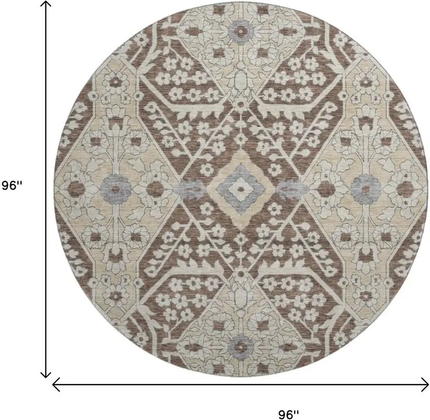 8' Chocolate Gray And Beige Floral Washable Round Rug With UV Protection Photo 3