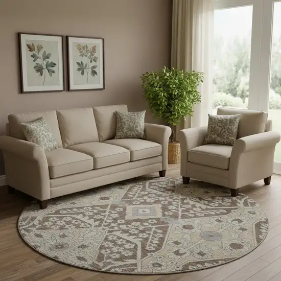 8' Chocolate Gray And Beige Floral Washable Round Rug With UV Protection Photo 1