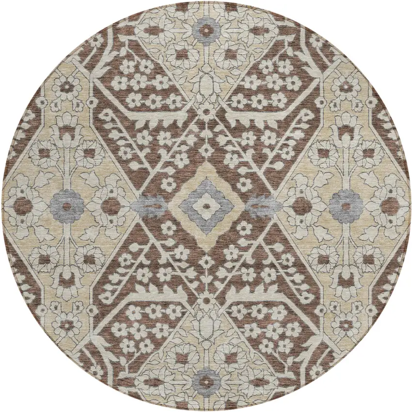 8' Chocolate Gray And Beige Round Floral Washable Indoor Outdoor Area Rug Photo 2