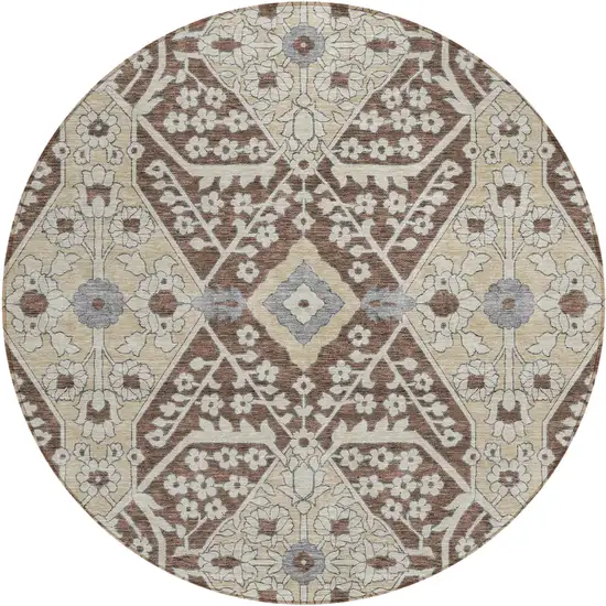 8' Chocolate Gray And Beige Round Floral Washable Indoor Outdoor Area Rug Photo 2