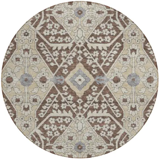 8' Chocolate Gray And Beige Round Floral Washable Indoor Outdoor Area Rug Photo 2