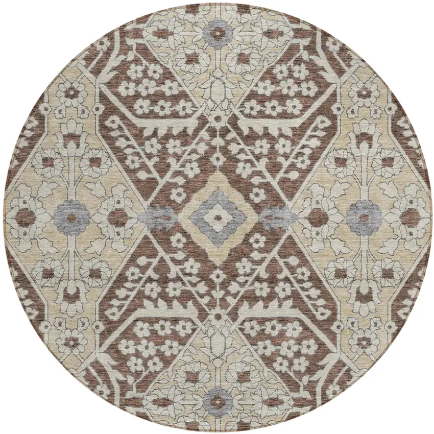 8' Chocolate Gray And Beige Round Floral Washable Indoor Outdoor Area Rug Photo 2