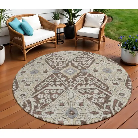 8' Chocolate Gray And Beige Round Floral Washable Indoor Outdoor Area Rug Photo 1