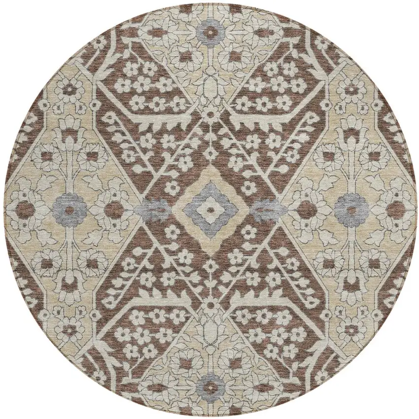 8' Chocolate Gray And Beige Round Floral Washable Indoor Outdoor Area Rug Photo 6