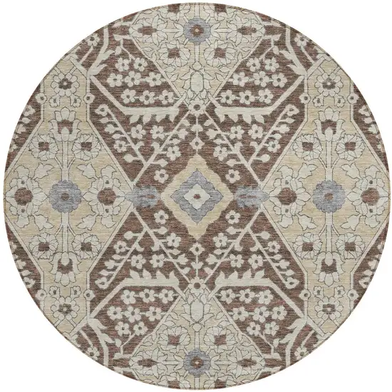 8' Chocolate Gray And Beige Round Floral Washable Indoor Outdoor Area Rug Photo 6