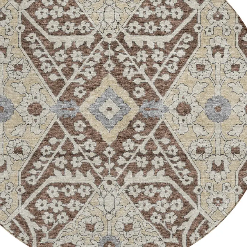 8' Chocolate Gray And Beige Round Floral Washable Indoor Outdoor Area Rug Photo 4