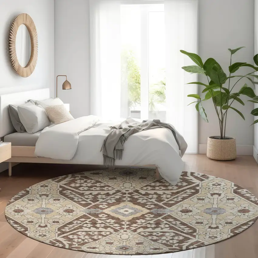 8' Chocolate Gray And Beige Round Floral Washable Indoor Outdoor Area Rug Photo 8