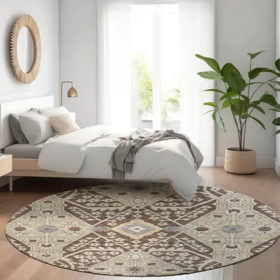 8' Chocolate Gray And Beige Round Floral Washable Indoor Outdoor Area Rug Photo 8