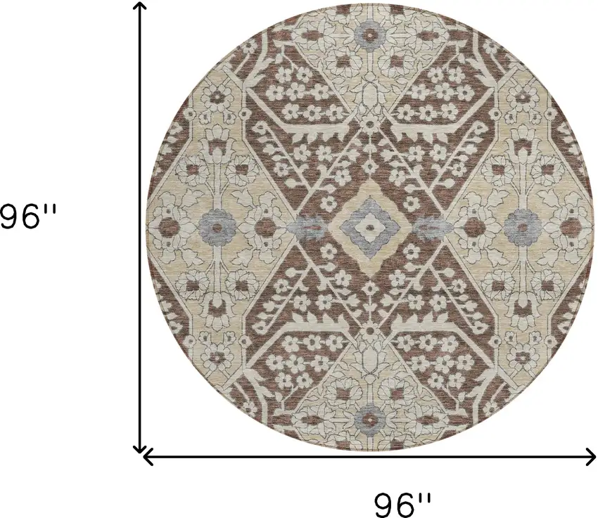 8' Chocolate Gray And Beige Round Floral Washable Indoor Outdoor Area Rug Photo 3
