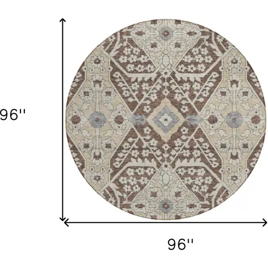8' Chocolate Gray And Beige Round Floral Washable Indoor Outdoor Area Rug Photo 3