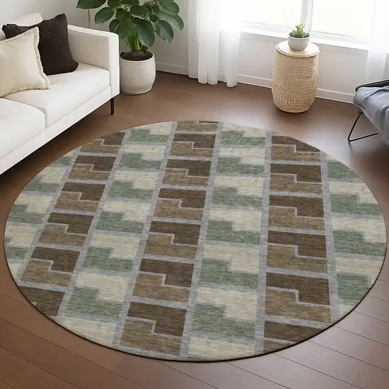 8' Chocolate Gray And Beige Round Geometric Washable Indoor Outdoor Area Rug Photo 5