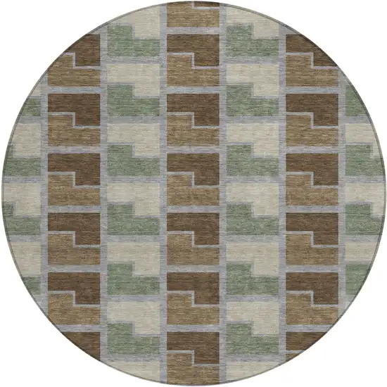 8' Chocolate Gray And Beige Round Geometric Washable Indoor Outdoor Area Rug Photo 1