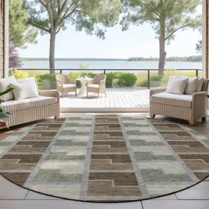 Photo of 8' Chocolate Gray And Beige Round Geometric Washable Indoor Outdoor Area Rug
