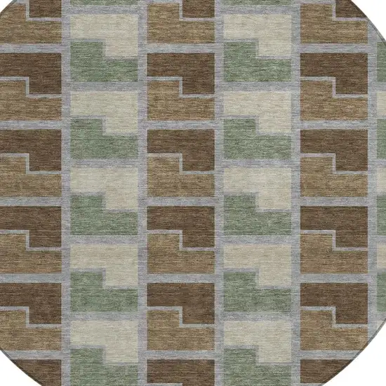 8' Chocolate Gray And Beige Round Geometric Washable Indoor Outdoor Area Rug Photo 2