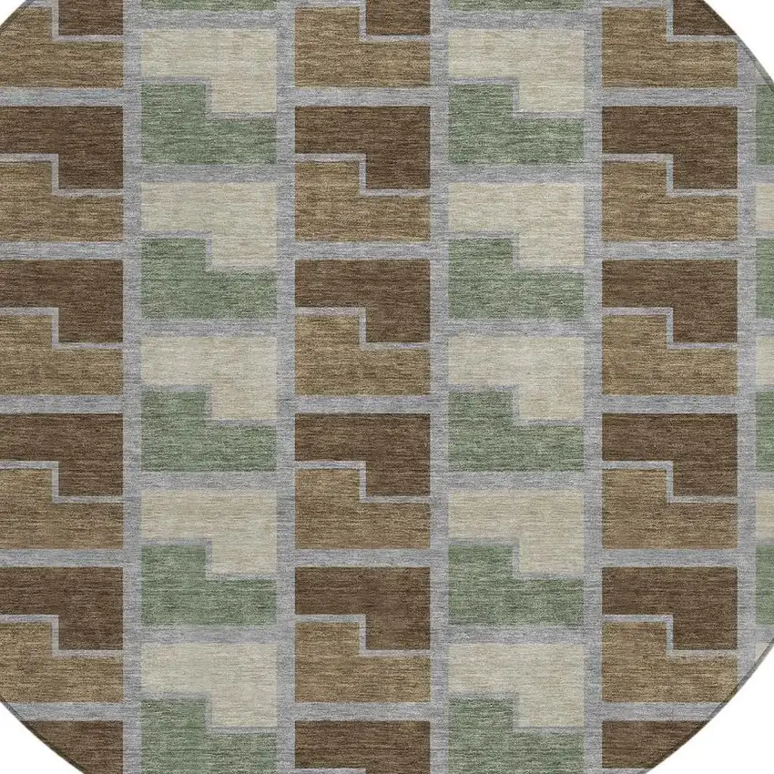 8' Chocolate Gray And Beige Round Geometric Washable Indoor Outdoor Area Rug Photo 2