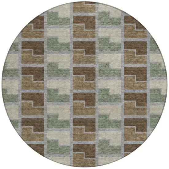 8' Chocolate Gray And Beige Round Geometric Washable Indoor Outdoor Area Rug Photo 3