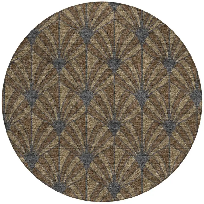 8' Chocolate Gray And Beige Round Seashell Washable Indoor Outdoor Area Rug Photo 2