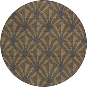 Photo of 8' Chocolate Gray And Beige Round Seashell Washable Indoor Outdoor Area Rug