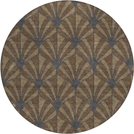 8' Chocolate Gray And Beige Round Seashell Washable Indoor Outdoor Area Rug Photo 1