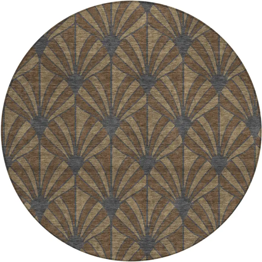 8' Chocolate Gray And Beige Round Seashell Washable Indoor Outdoor Area Rug Photo 1