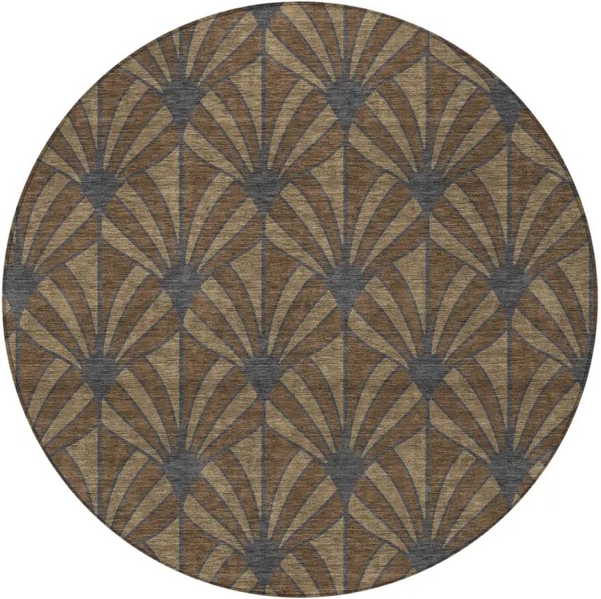 8' Chocolate Gray And Beige Round Seashell Washable Indoor Outdoor Area Rug Photo 3