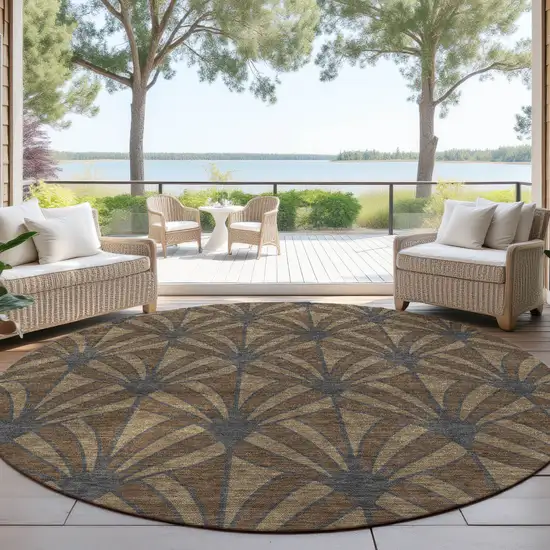8' Chocolate Gray And Beige Round Seashell Washable Indoor Outdoor Area Rug Photo 4