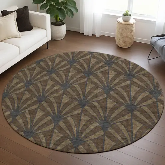 8' Chocolate Gray And Beige Round Seashell Washable Indoor Outdoor Area Rug Photo 5