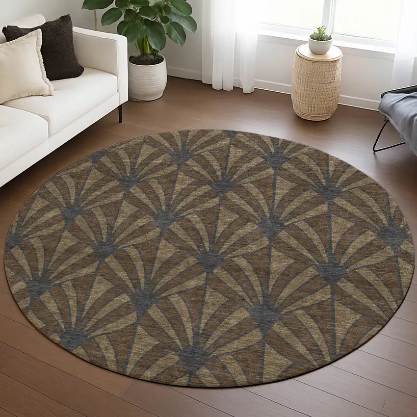 8' Chocolate Gray And Beige Round Seashell Washable Indoor Outdoor Area Rug Photo 5