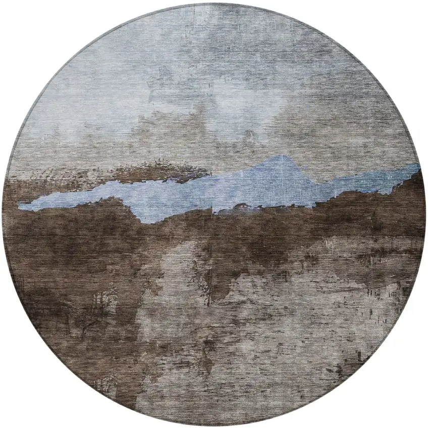 8' Chocolate Gray And Blue Round Abstract Washable Indoor Outdoor Area Rug Photo 6