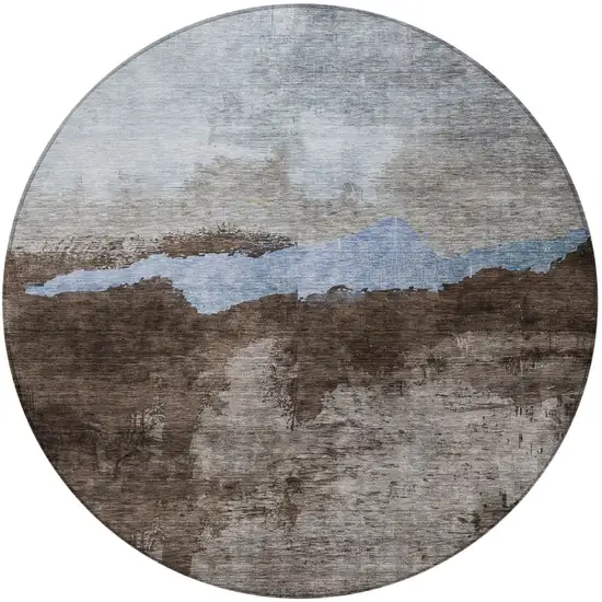 8' Chocolate Gray And Blue Round Abstract Washable Indoor Outdoor Area Rug Photo 6