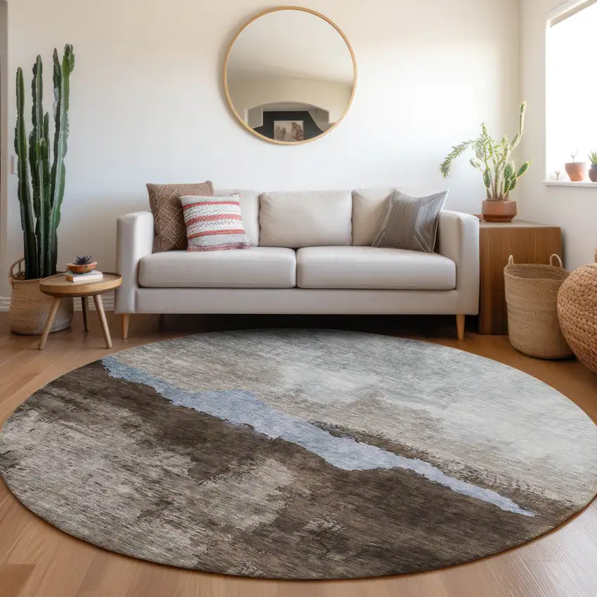8' Chocolate Gray And Blue Round Abstract Washable Indoor Outdoor Area Rug Photo 8
