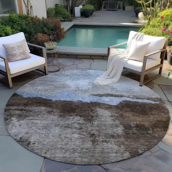 8' Chocolate Gray And Blue Round Abstract Washable Indoor Outdoor Area Rug Photo 7