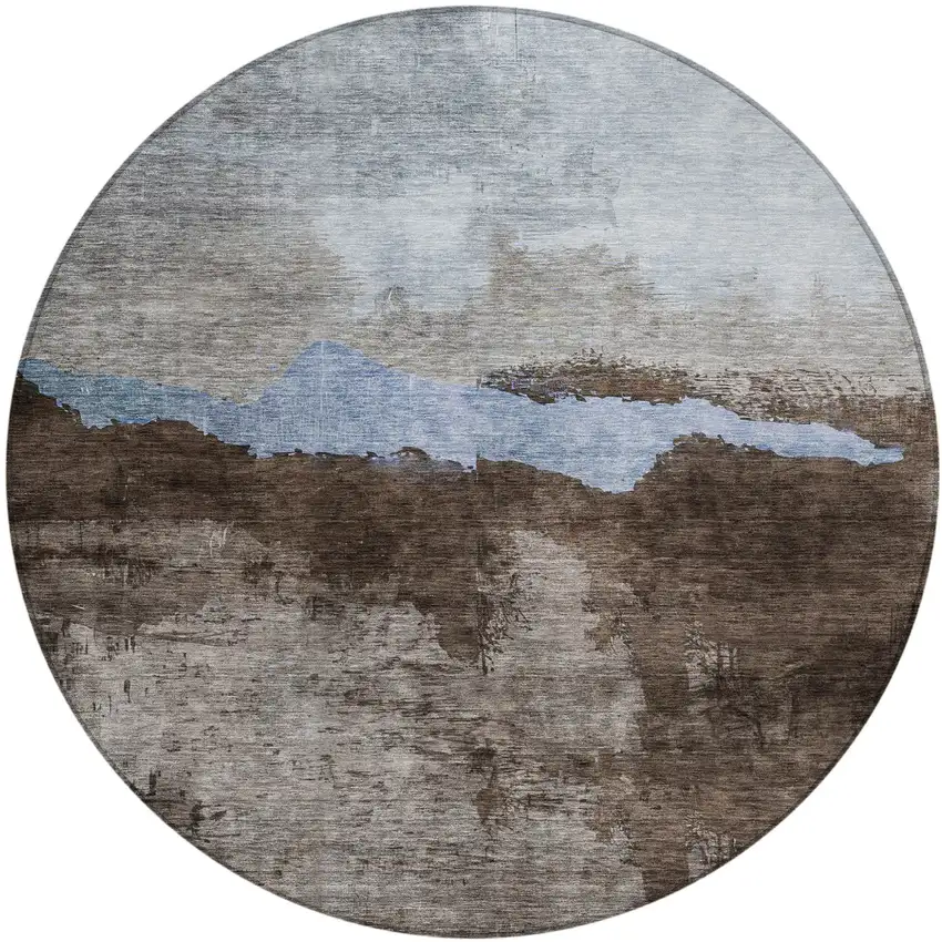 8' Chocolate Gray And Blue Round Abstract Washable Indoor Outdoor Area Rug Photo 2