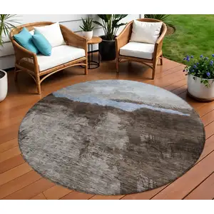 Photo of 8' Chocolate Gray And Blue Round Abstract Washable Indoor Outdoor Area Rug